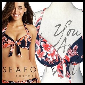 Seafolly Navy/Coral Tropical Floral Underwire Pushup Halter Bikini Top (L)